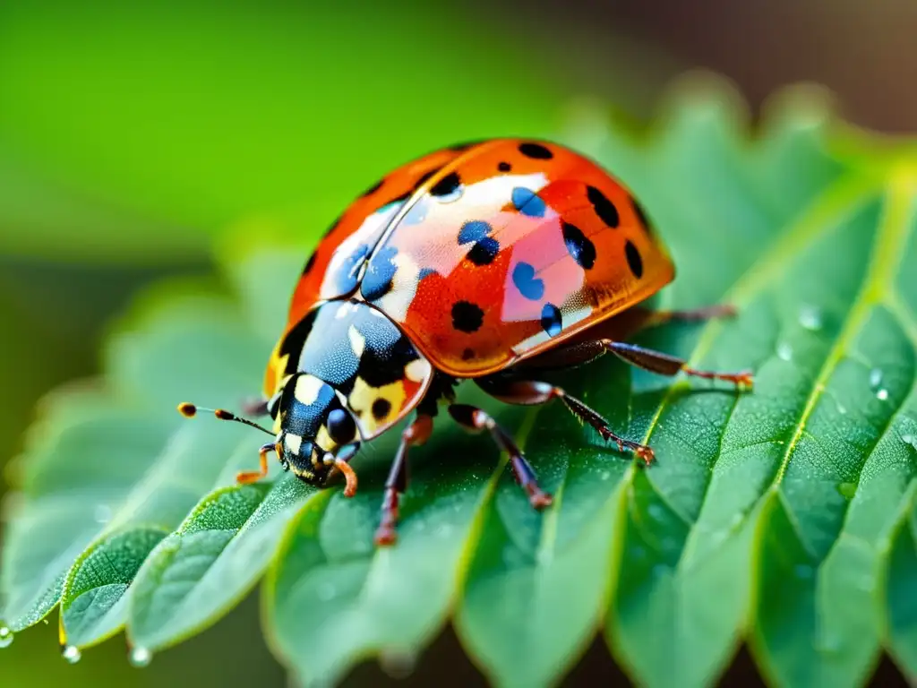 Una mariquita se posa en una hoja verde brillante, mostrando sus detalladas alas rojas y negras