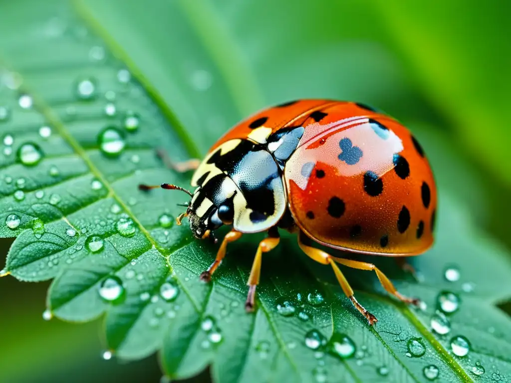 Una mariquita descansa sobre una hoja verde brillante con gotas de rocío