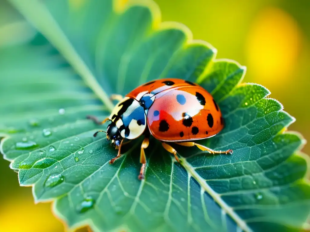 Detalle fascinante: mariquita en hoja verde con gotas de rocío Una mariquita descansa sobre una hoja verde brillante, destacando la importancia de los insectos en la regulación de plagas