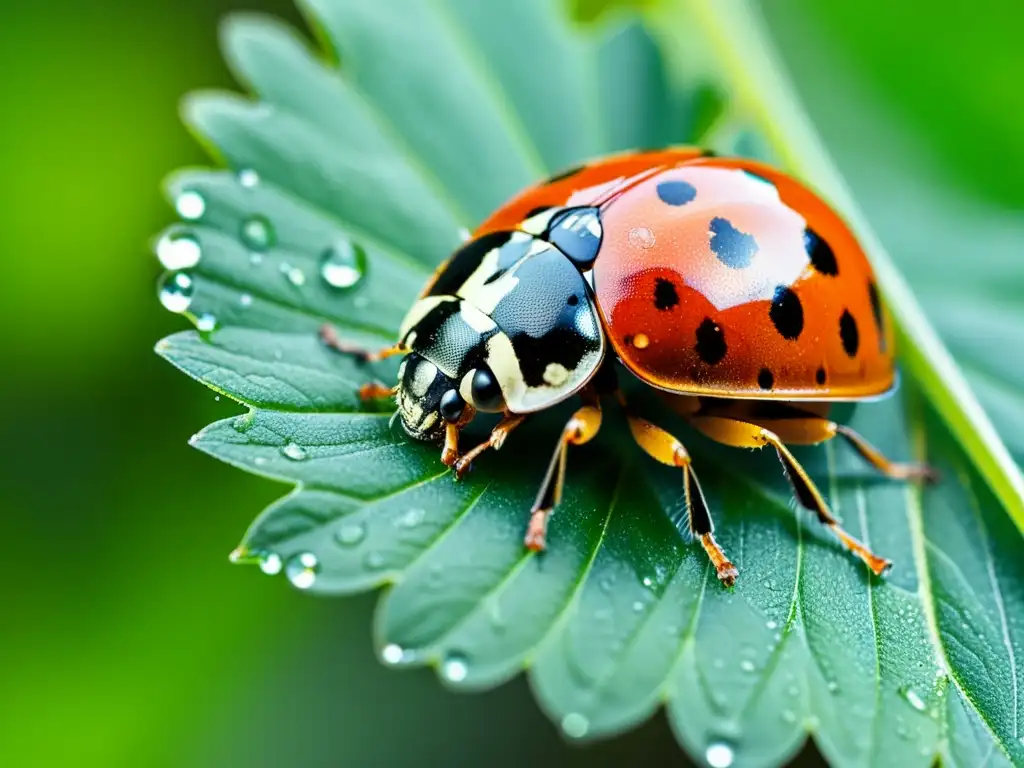 Una mariquita descansa sobre una hoja verde brillante con gotas de rocío