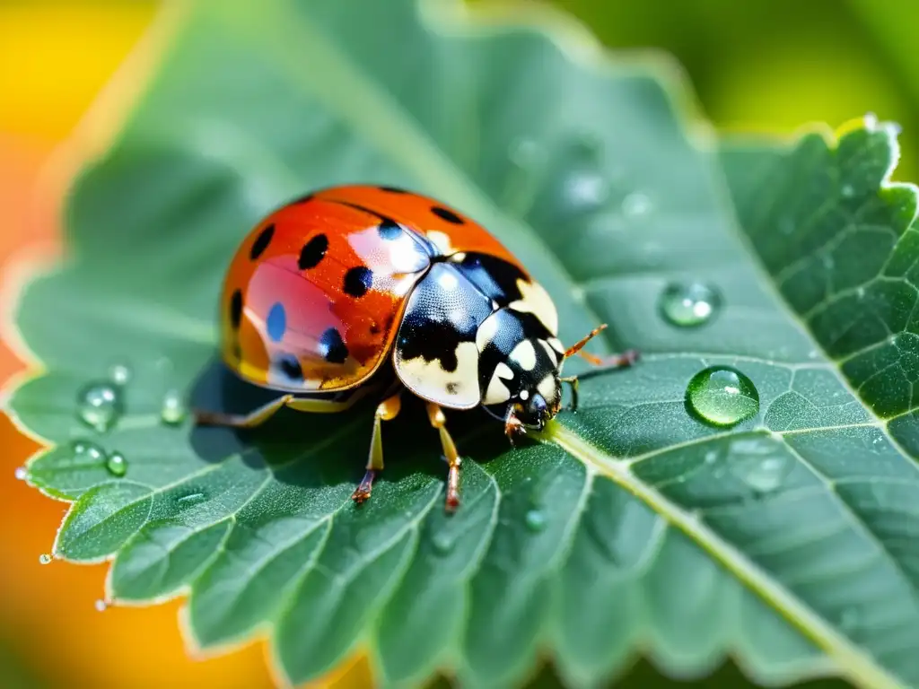 Una mariquita descansa sobre una hoja verde brillante, rodeada de gotas de agua, en un ecosistema vibrante con insectos beneficiosos para huerto