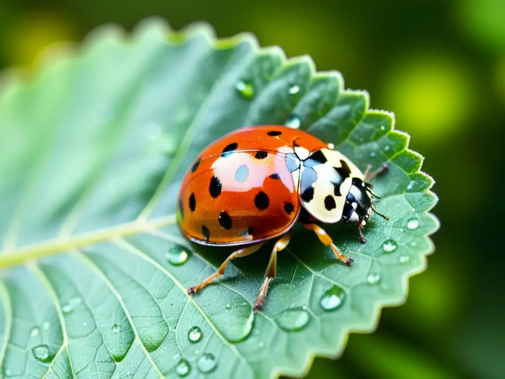 Una mariquita descansa sobre una hoja verde brillante, sus alas y patas detalladas se destacan