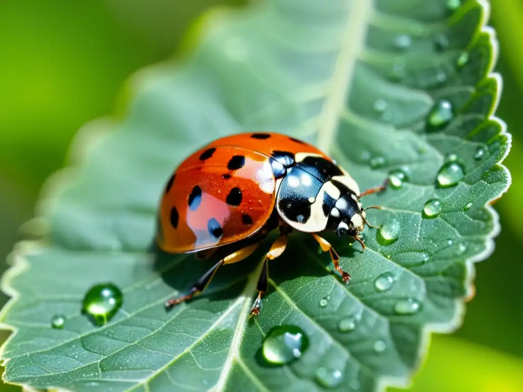 Una mariquita descansa sobre una hoja verde brillante con sus alas translúcidas extendidas