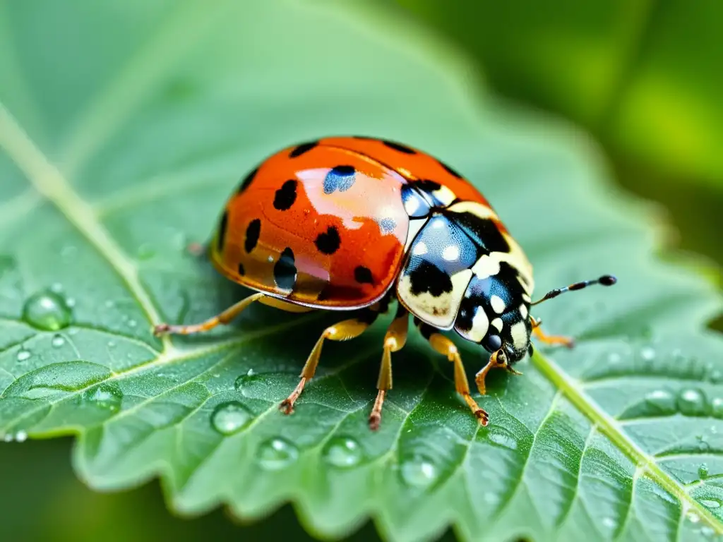 Una mariquita descansa sobre una hoja verde brillante con gotas de rocío, mostrando sus delicadas alas rojas y negras