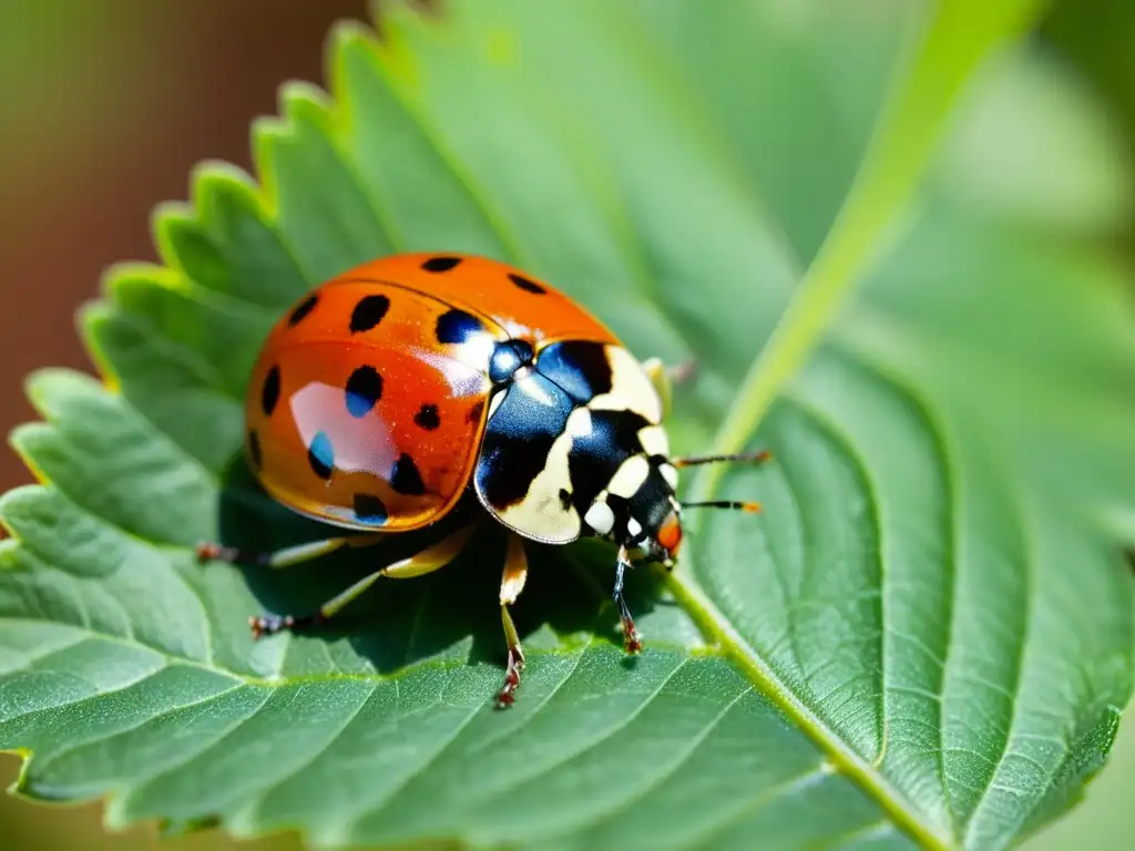 Una mariquita descansa en una hoja verde brillante, con sus patrones rojos y negros reluciendo al sol