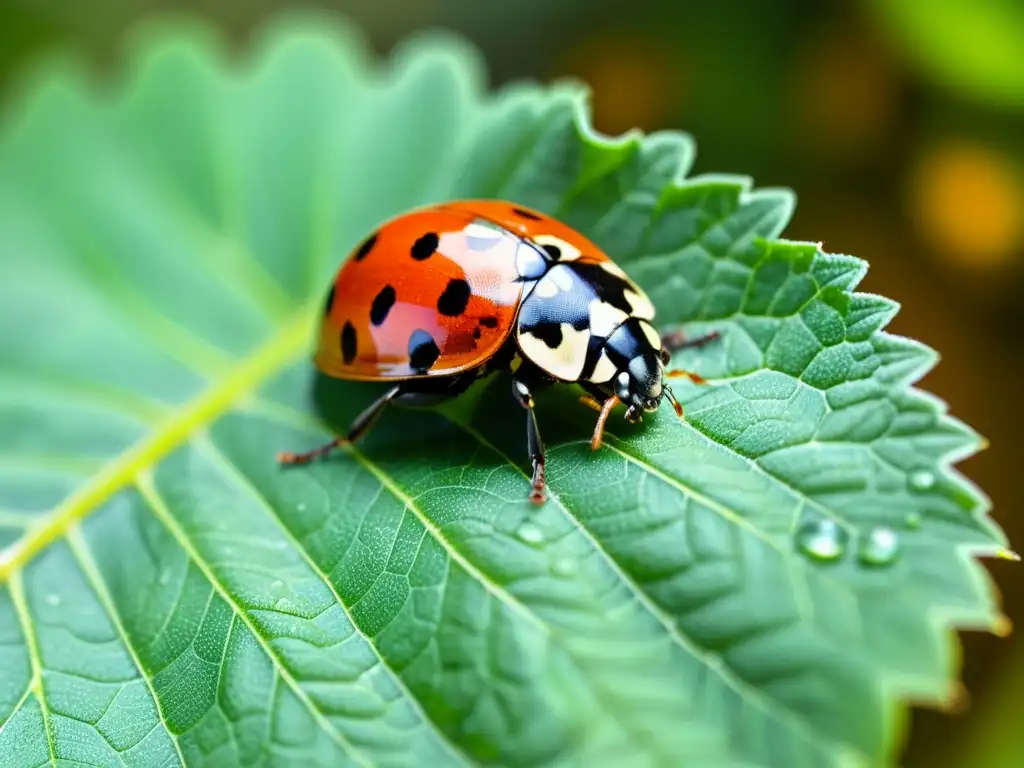 Una mariquita descansando en una hoja verde brillante