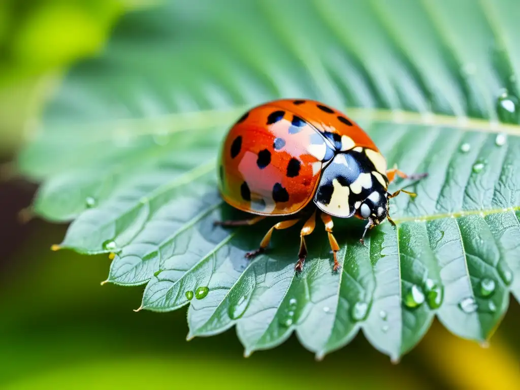 Una mariquita en una hoja verde brillante, con gotas de agua y venas visibles