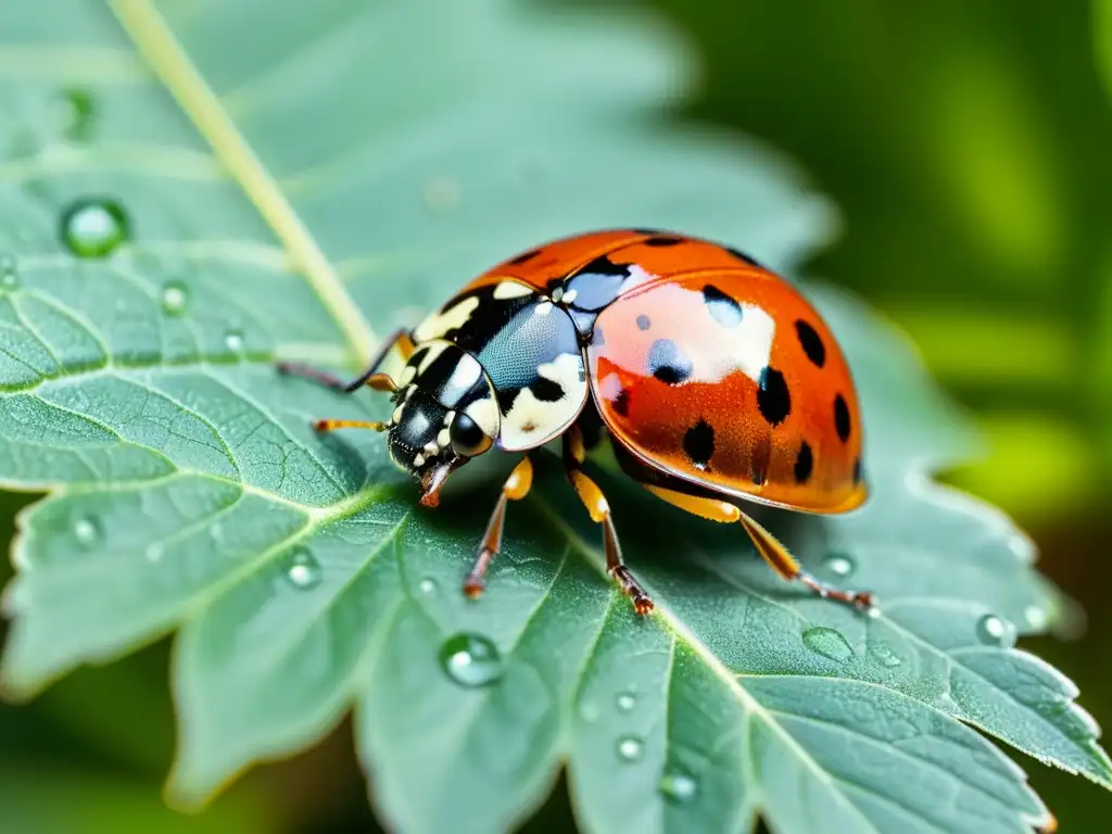 Una mariquita descansa en una hoja verde brillante, con detalles vívidos de sus alas rojas y negras, antenas delicadas y patas translúcidas