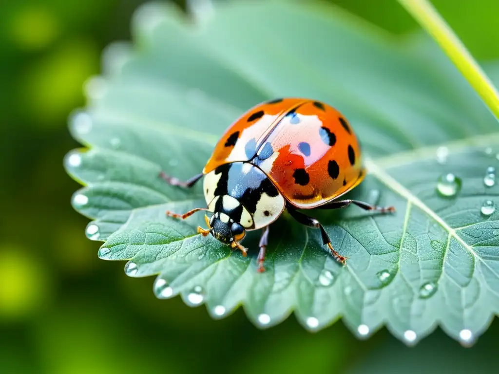 Una mariquita descansa en una hoja verde brillante, con sus alas rojas y negras brillando al sol