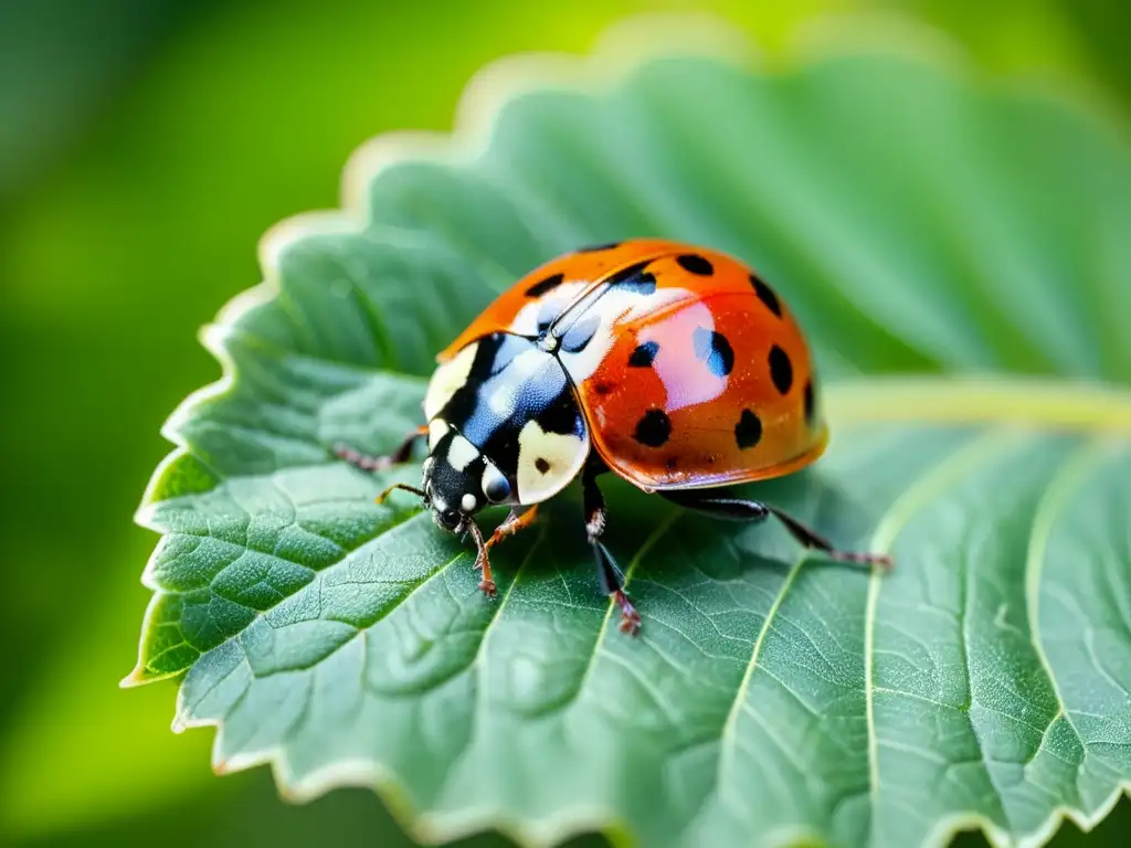 Una mariquita descansa en una hoja verde brillante, mostrando sus detallados patrones