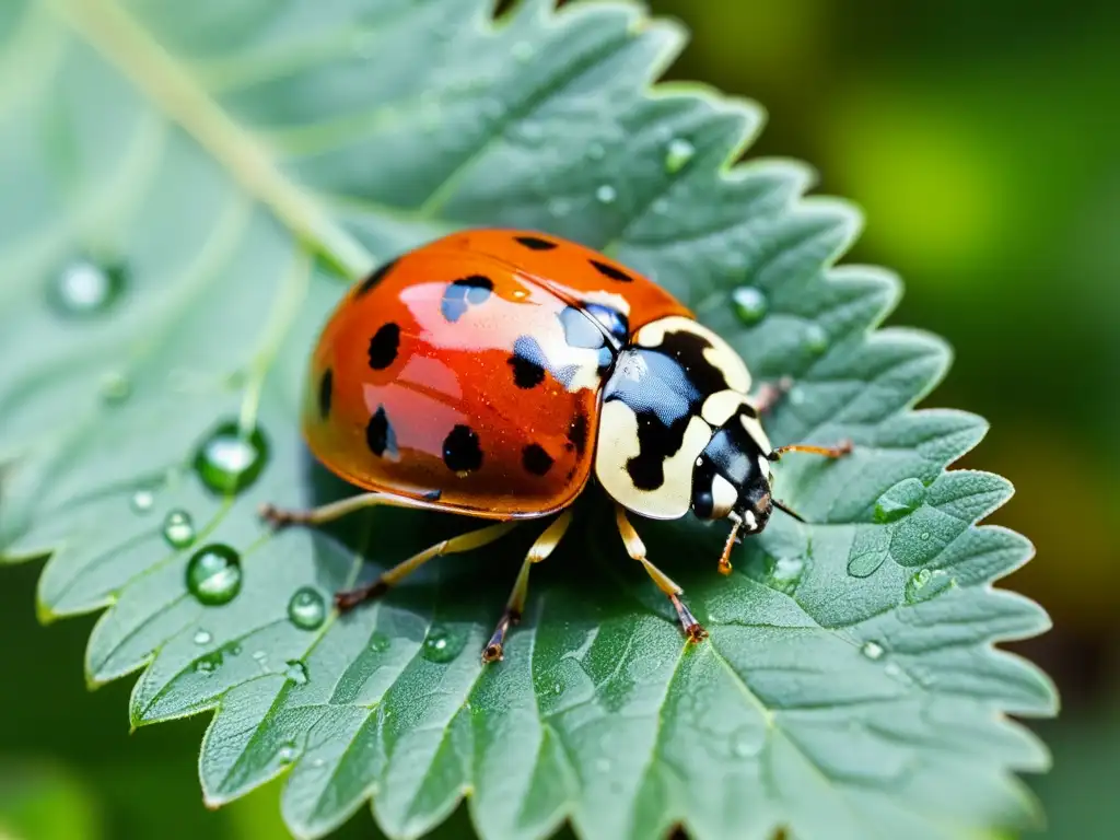 Una mariquita descansa en una hoja verde brillante, rodeada de gotas de agua y un jardín vibrante