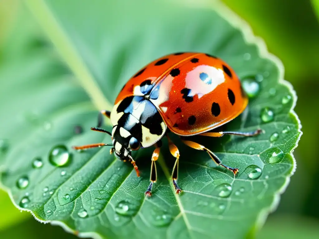 Una mariquita descansa sobre una hoja verde brillante, con sus alas rojas y negras desplegadas