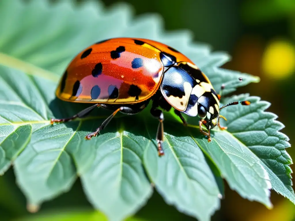 Una mariquita en una hoja verde brillante, con sus alas rojas y negras desplegadas, en un huerto urbano