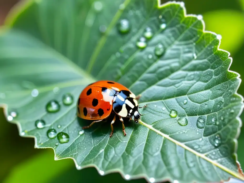 Una mariquita descansa en una hoja verde brillante con gotas de rocío, mostrando su detallado caparazón rojo y negro