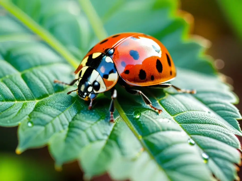 Una mariquita descansa en una hoja verde brillante dentro de un invernadero soleado