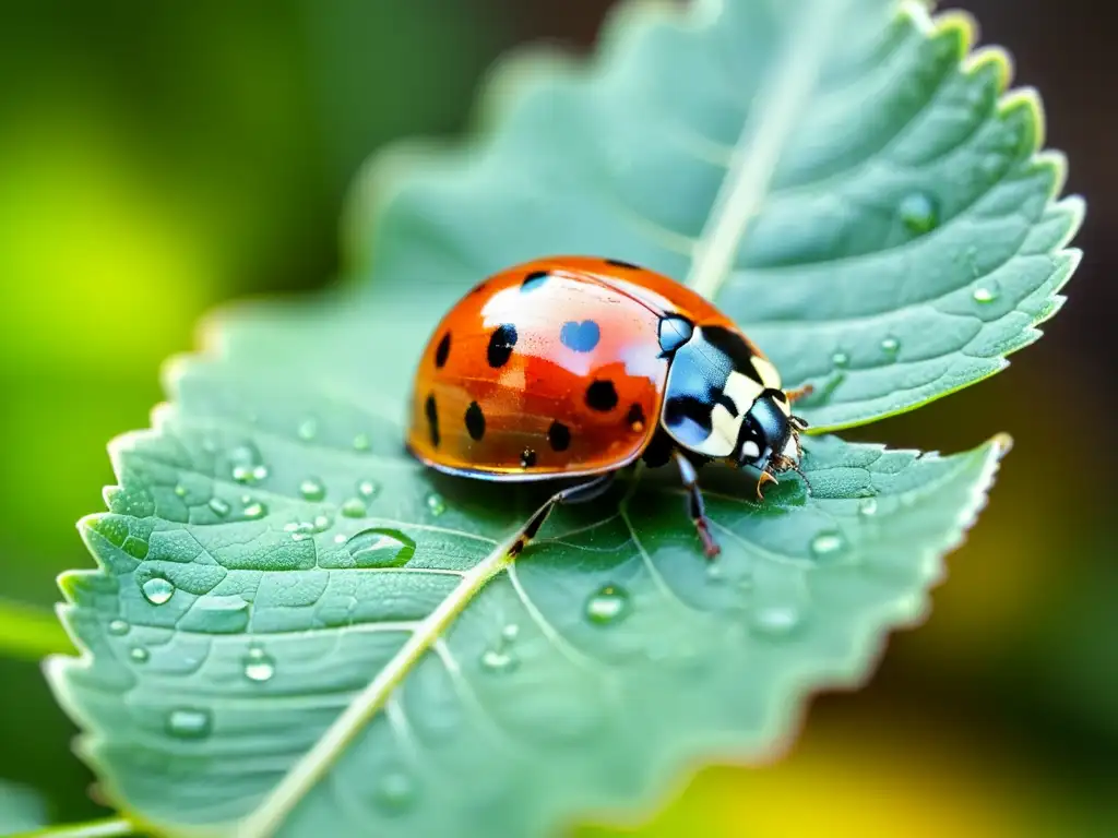 Una mariquita en una hoja verde brillante, con detalles detallados de sus alas rojas y patas negras