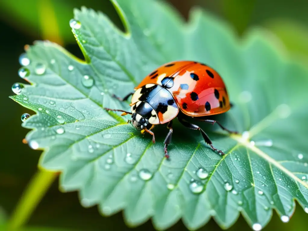 Una mariquita descansa en una hoja verde brillante, con sus alas rojas y patas negras detalladas