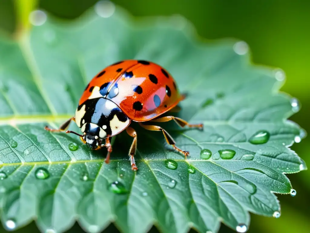 Una mariquita descansa en una hoja verde brillante, sus alas rojas y puntos negros destacan