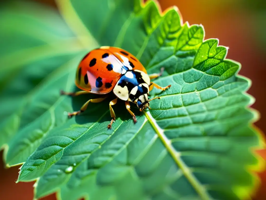 Una mariquita descansando en una hoja verde brillante, con detalles meticulosos de sus alas y patas delicadas