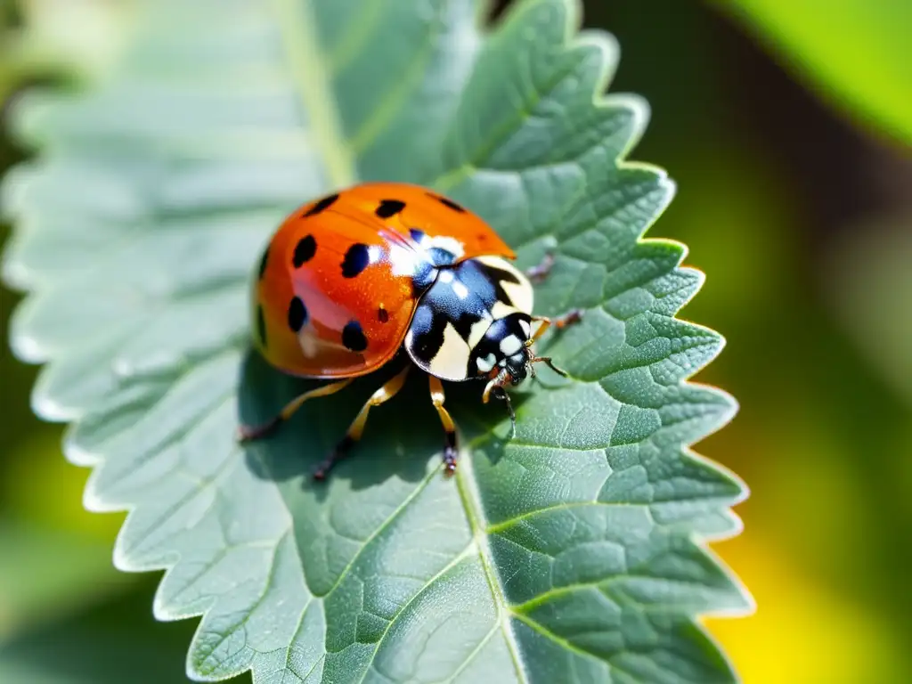 Una mariquita en una hoja verde brillante bajo la luz del sol, en un pacto de protección entre insectos y plantas