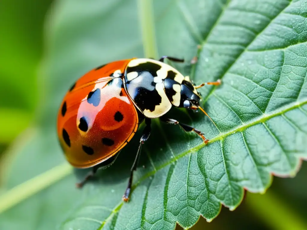 Una mariquita en una hoja verde, con sus brillantes colores y alas translúcidas, rodeada de diminutos pulgones