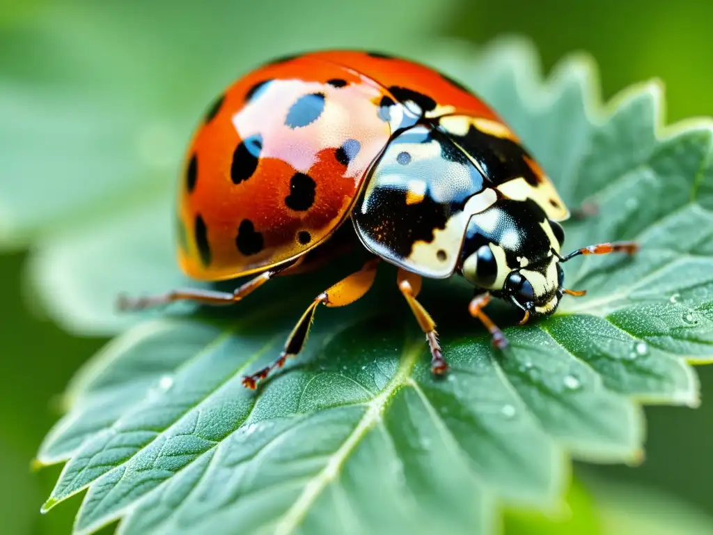 Una mariquita descansa sobre una hoja verde, su caparazón rojo y negro brilla al sol