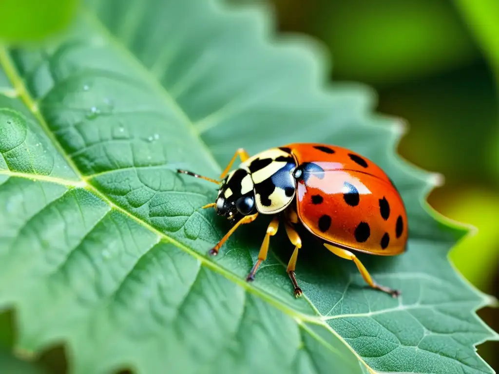 Una mariquita descansa en una hoja verde, destacando su caparazón rojo y puntos negros