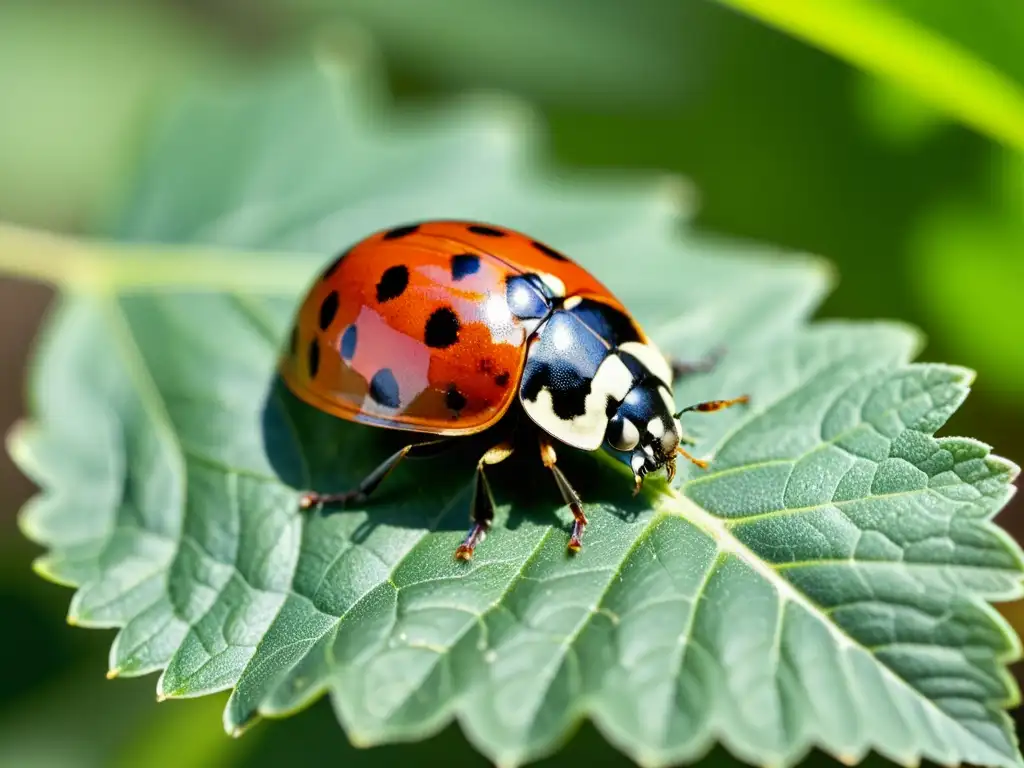 Una mariquita descansa en una hoja verde, con su caparazón rojo y puntos negros brillantes