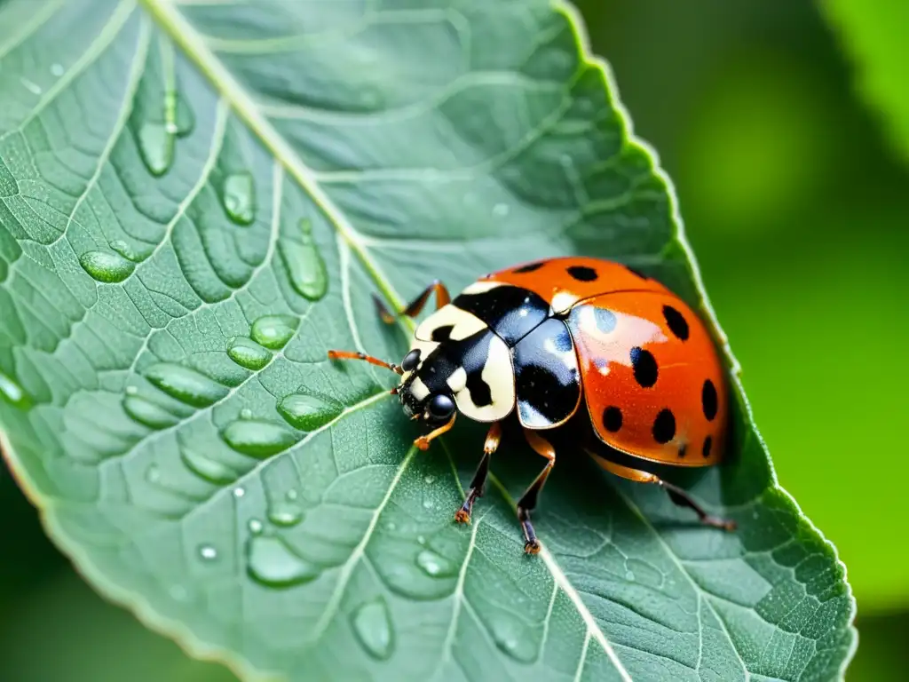 Detalle asombroso: mariquita en hoja verde Una mariquita se posa en una hoja verde, mostrando su detallado caparazón rojo y negro
