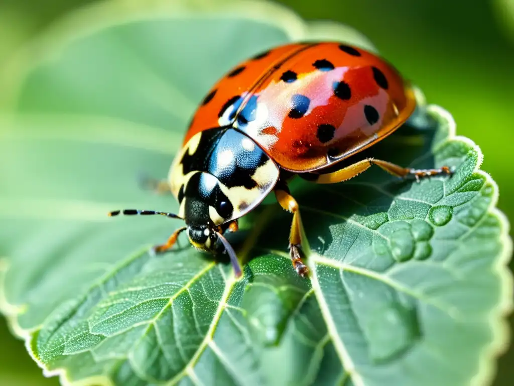 Una mariquita reposa en una hoja verde, con detalles ultradetallados de su caparazón rojo y negro