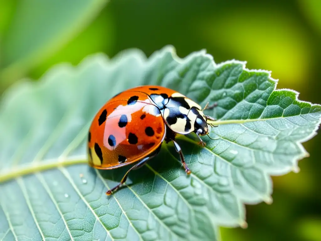 Una mariquita en una hoja verde, con sus detalles intrincados y delicadas alas