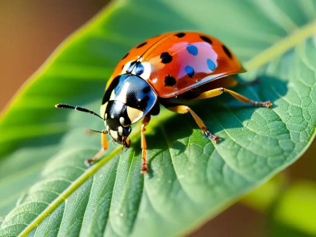 Una mariquita descansa sobre una hoja verde, revelando sus detalles en alta resolución