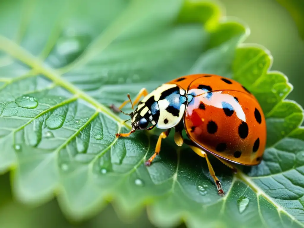 Una mariquita descansa sobre una hoja verde, con detalles de su caparazón rojo y negro, patas delicadas y alas translúcidas