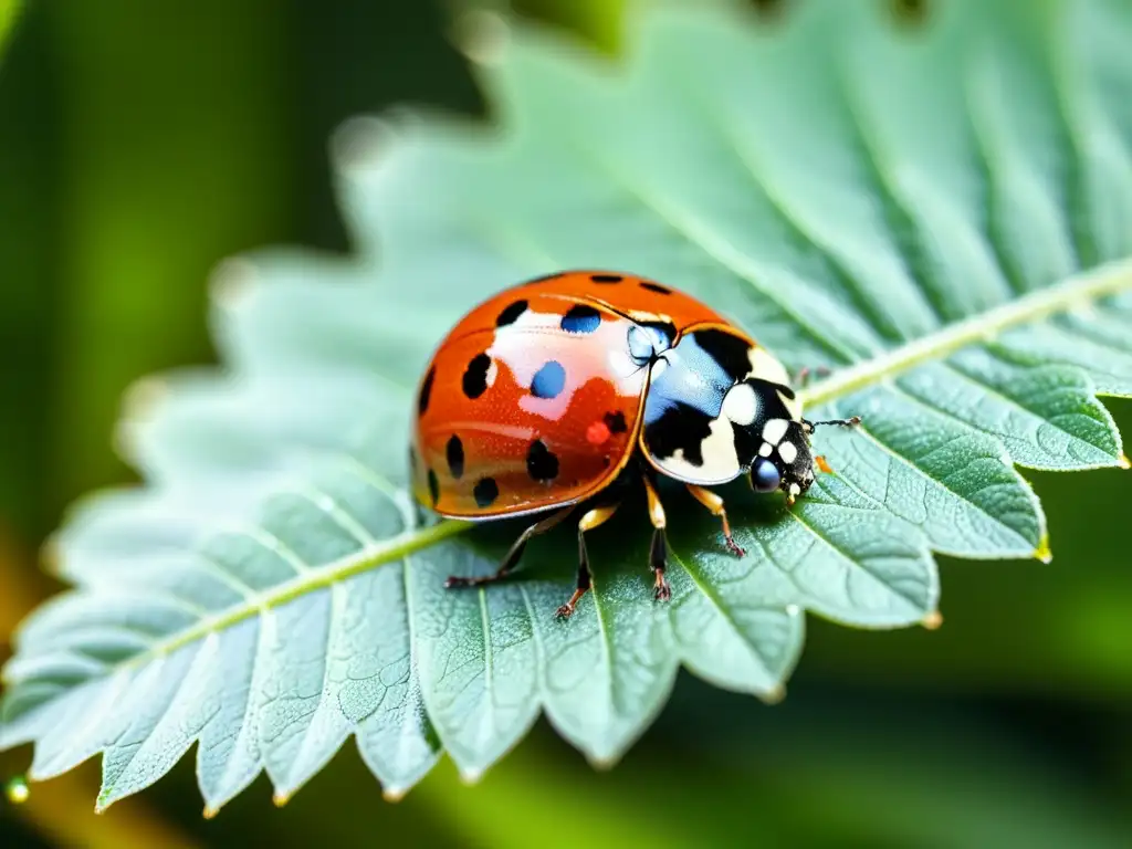 Una mariquita descansando en una hoja verde, con detalles minuciosos de sus alas rojas y patas negras