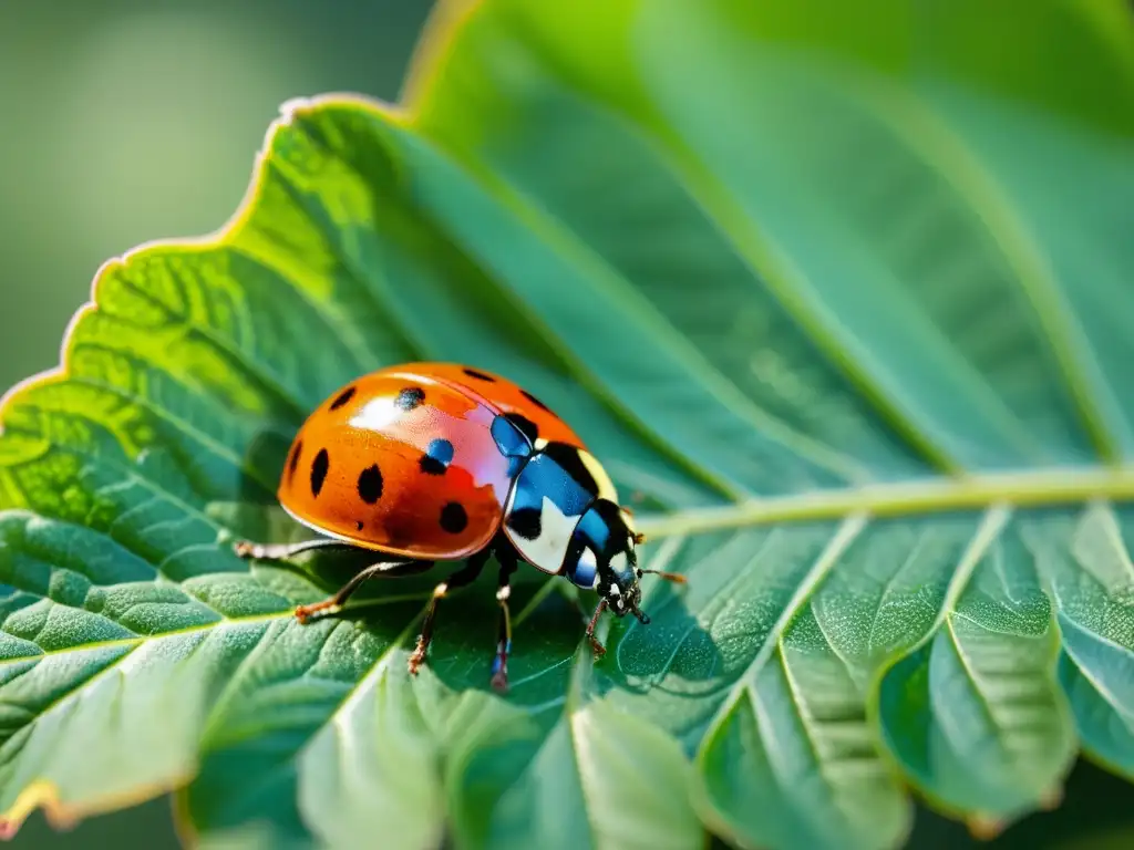 Una mariquita en una hoja verde, con sus detalles y alas iluminadas por el sol