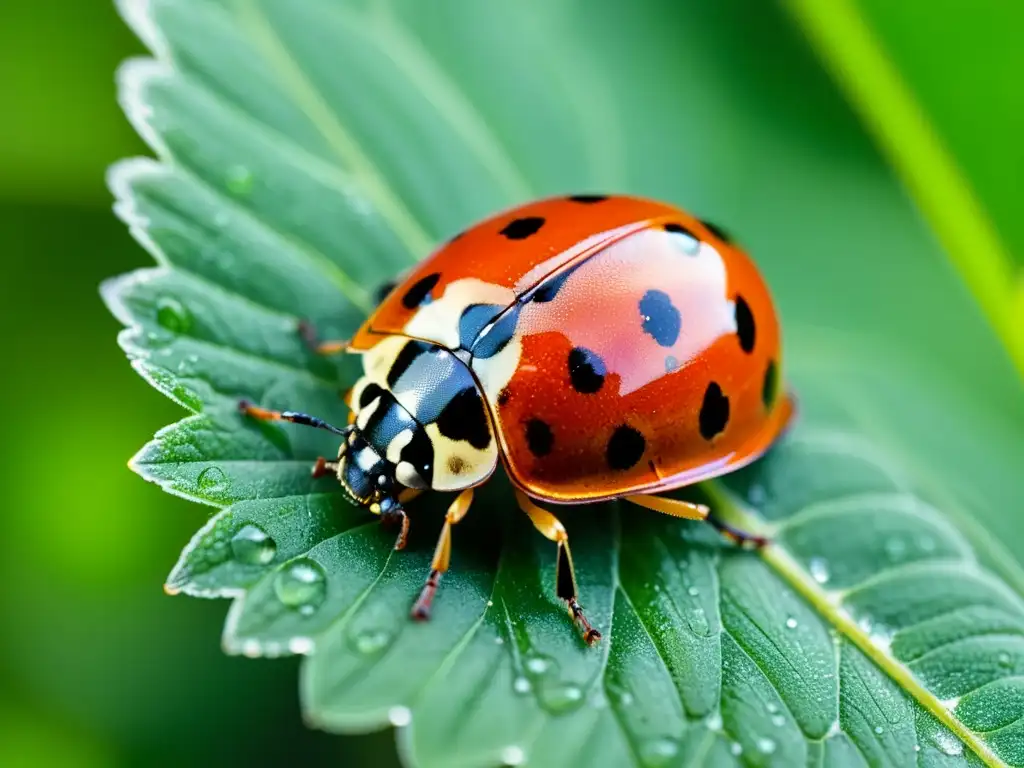 Una mariquita descansa en una hoja verde con gotas de rocío, mostrando su belleza natural