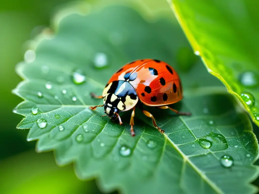 Una mariquita descansa en una hoja verde, con gotas de rocío y luz del amanecer