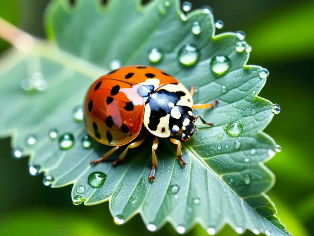 Una mariquita descansa en una hoja verde con gotas de agua, mostrando sus intrincados detalles