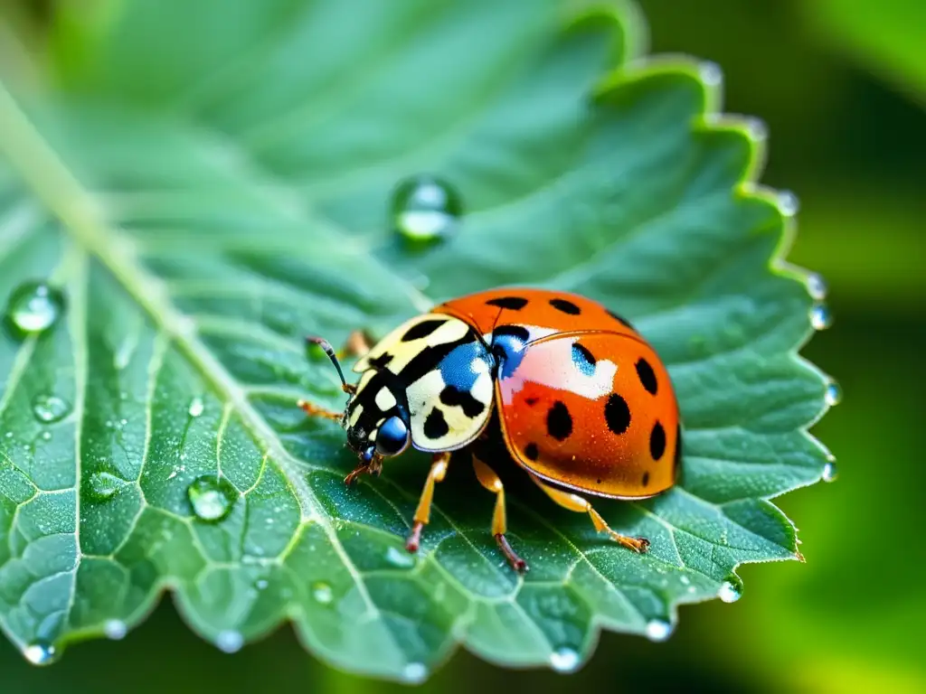 Una mariquita descansa delicadamente en una hoja verde, con gotas de rocío y patrón detallado