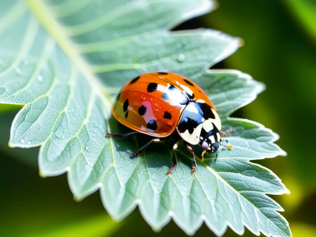 Una mariquita se posa en una hoja verde, con gotas de rocío