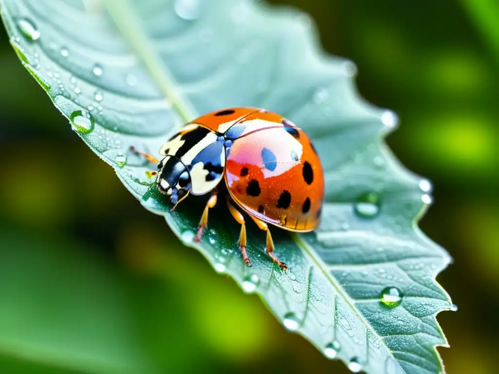 Una mariquita descansa sobre una hoja verde con gotas de rocío, en una escena macro serena