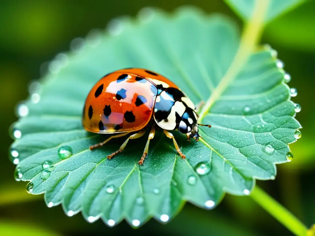 Una mariquita en una hoja verde con gotas de rocío, destacando la importancia del control biológico de plagas