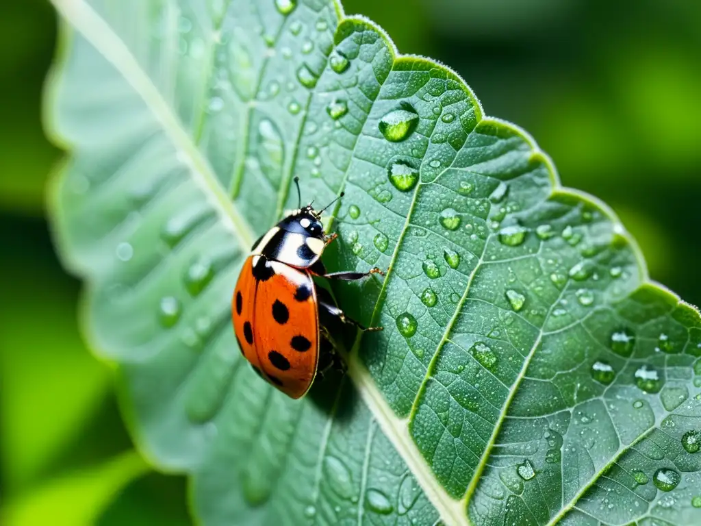 Una mariquita en una hoja verde, con gotas de agua, refleja la belleza del jardín