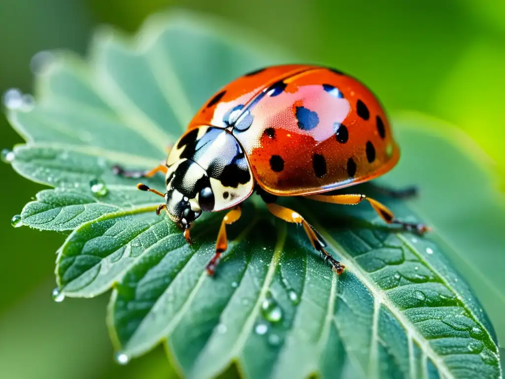 Una mariquita en una hoja verde con gotas de rocío, revelando estrategias ecológicas para repeler insectos dañinos