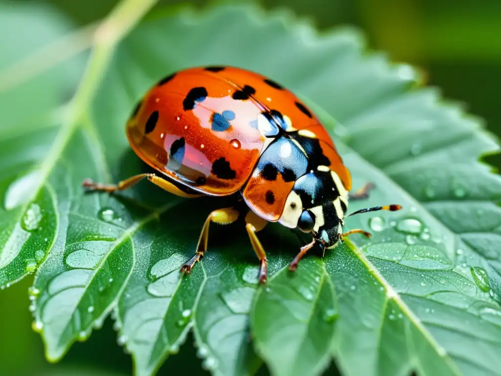 Una mariquita descansando en una hoja verde con gotas de agua, mostrando sus detalles