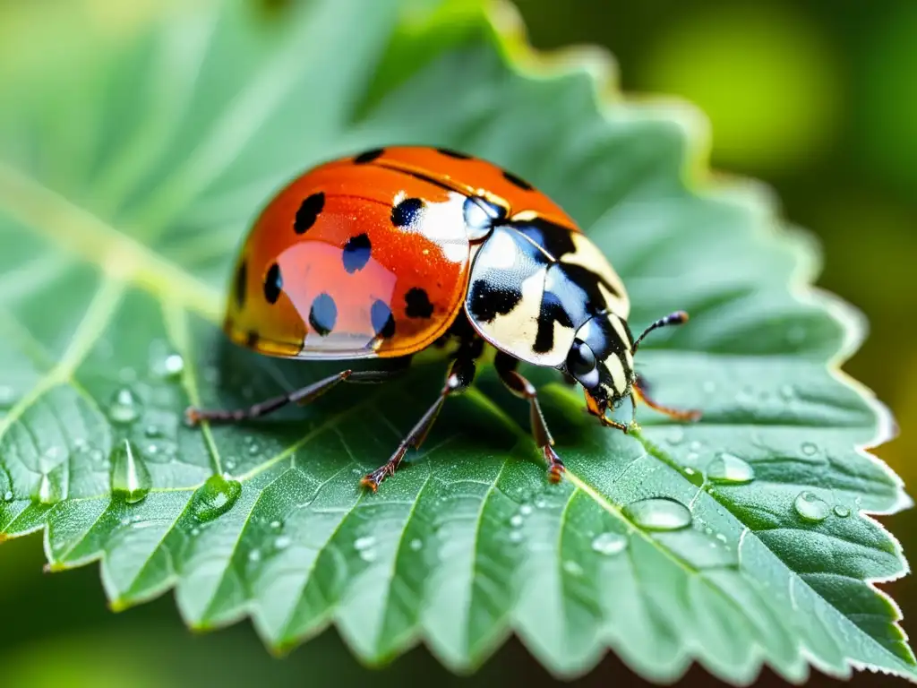 Una mariquita descansa sobre una hoja verde con gotas de rocío, mostrando sus detalladas alas rojas y negras