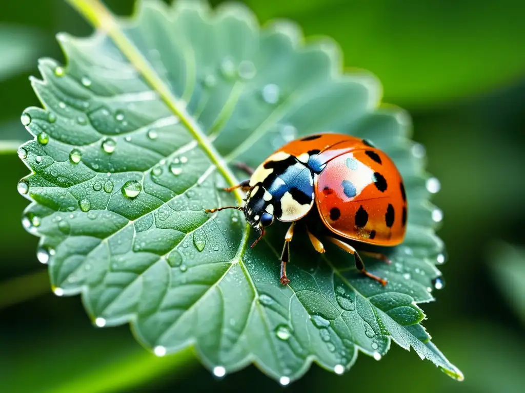 Una mariquita descansa sobre una hoja verde con gotas de rocío, resaltando su belleza natural en su hábitat