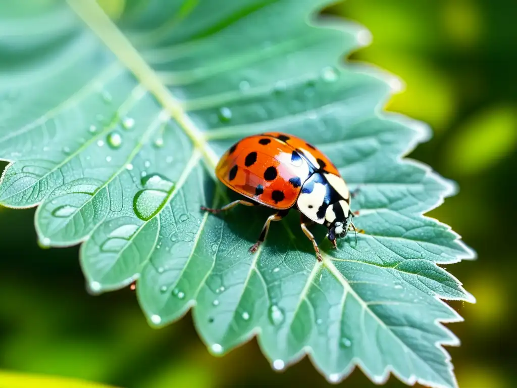 Una mariquita en una hoja verde con gotas de agua, muestra la importancia ecológica de los insectos pestes