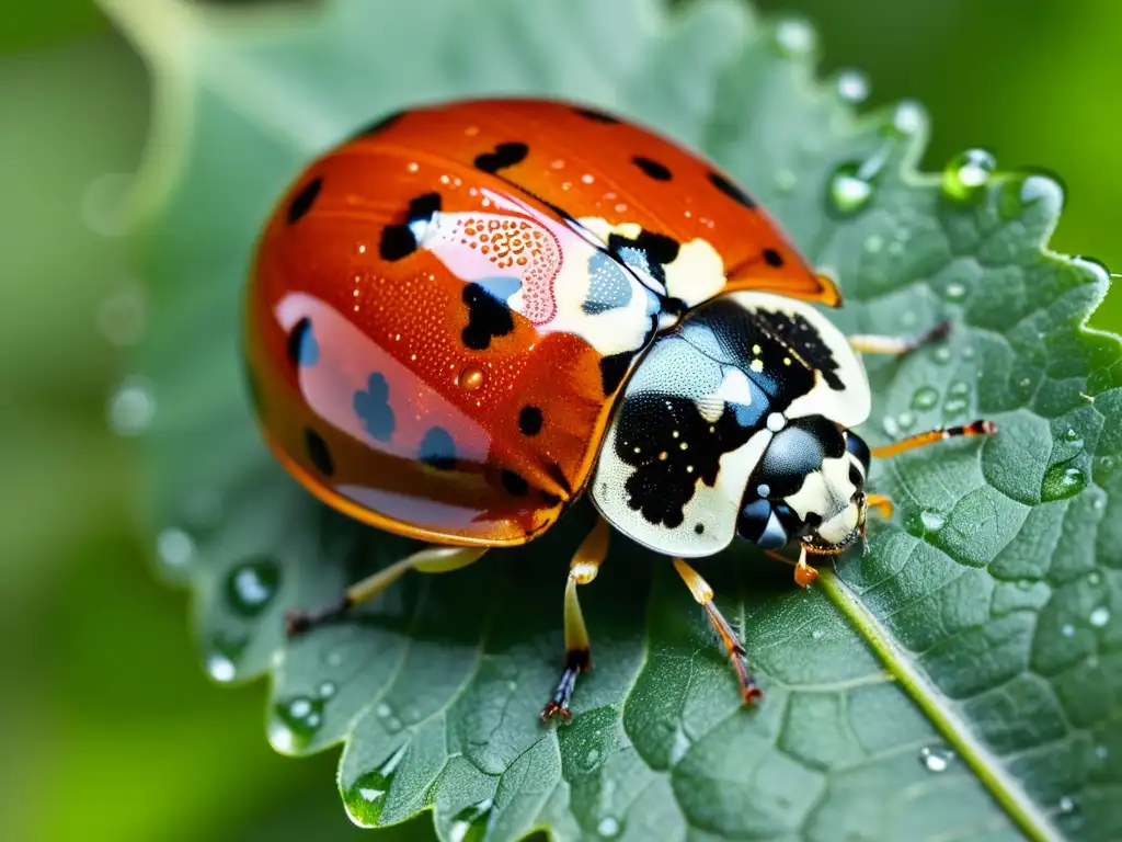 Una mariquita descansa en una hoja verde con gotas de rocío, destacando su belleza natural