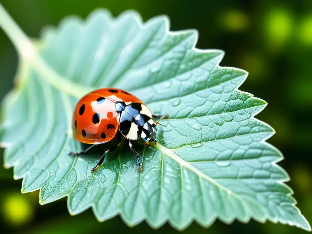 Una mariquita en una hoja verde, con gotas de rocío